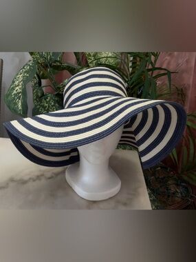 Navy and Cream Striped Wide-Brim Sun Hat
